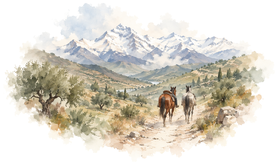 Caballos en un sendero de montaña mendocino en acuarela