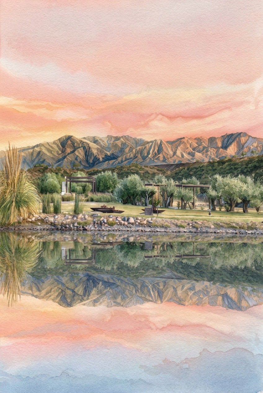 Ilustración en acuarela de la laguna, los olivos y la cordillera en Bodega Durigutti
