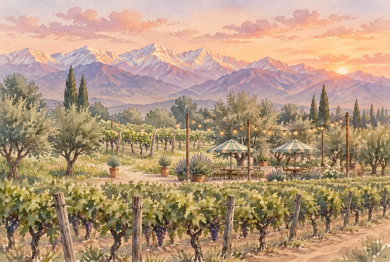 Viñedos de Perdriel con sombrillas rayadas y guirnaldas de luces, frente a la cordillera al atardecer en acuarela
