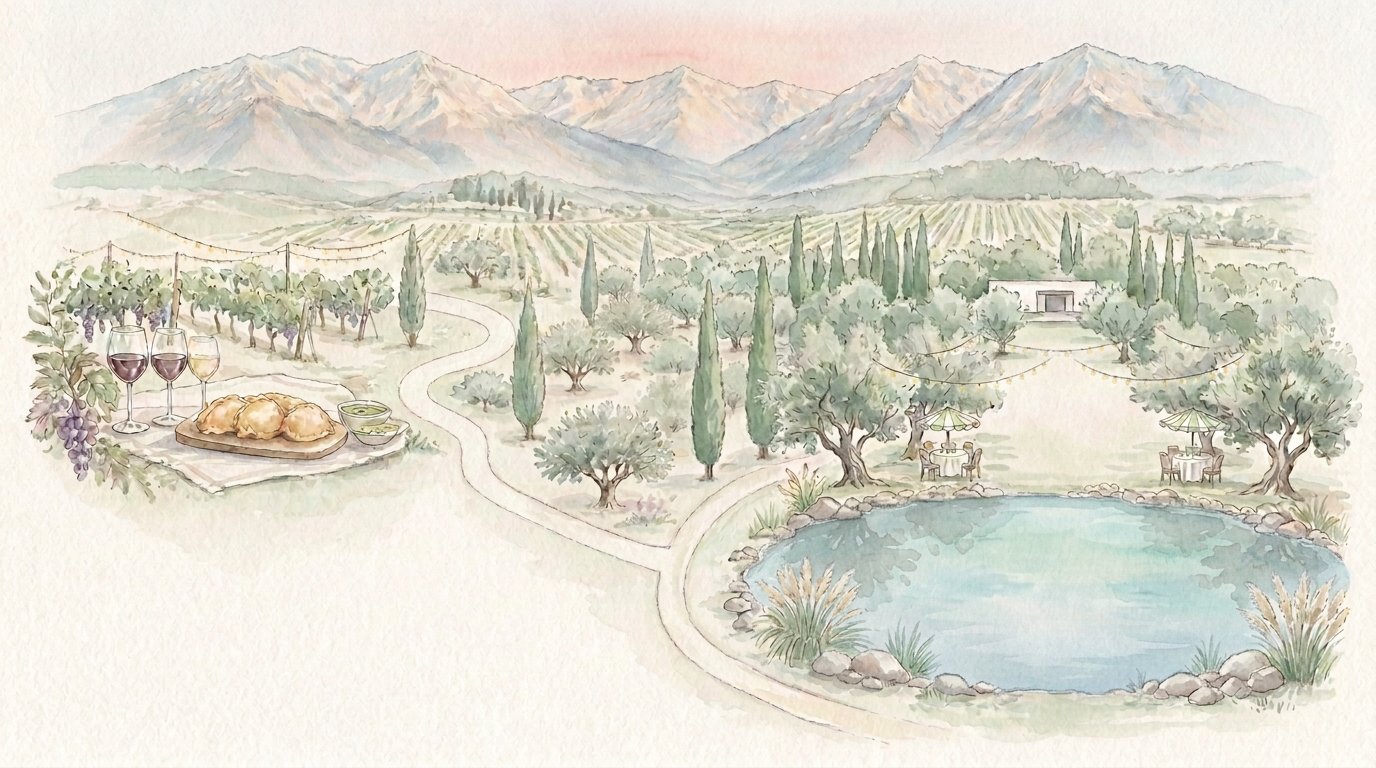 Mapa en acuarela que une las empanadas y el vino en Bodega Sottano con el casamiento junto a la laguna de Durigutti al atardecer